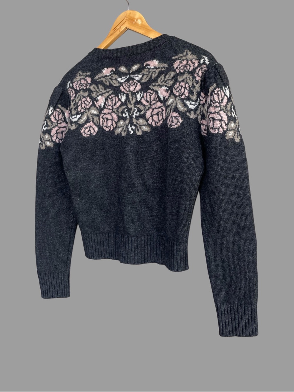 ROUJE Gray & Pink Floral Wool Cashmere Retro Robert Puff Sleeve Cardigan Sweater - Picture 10 of 13